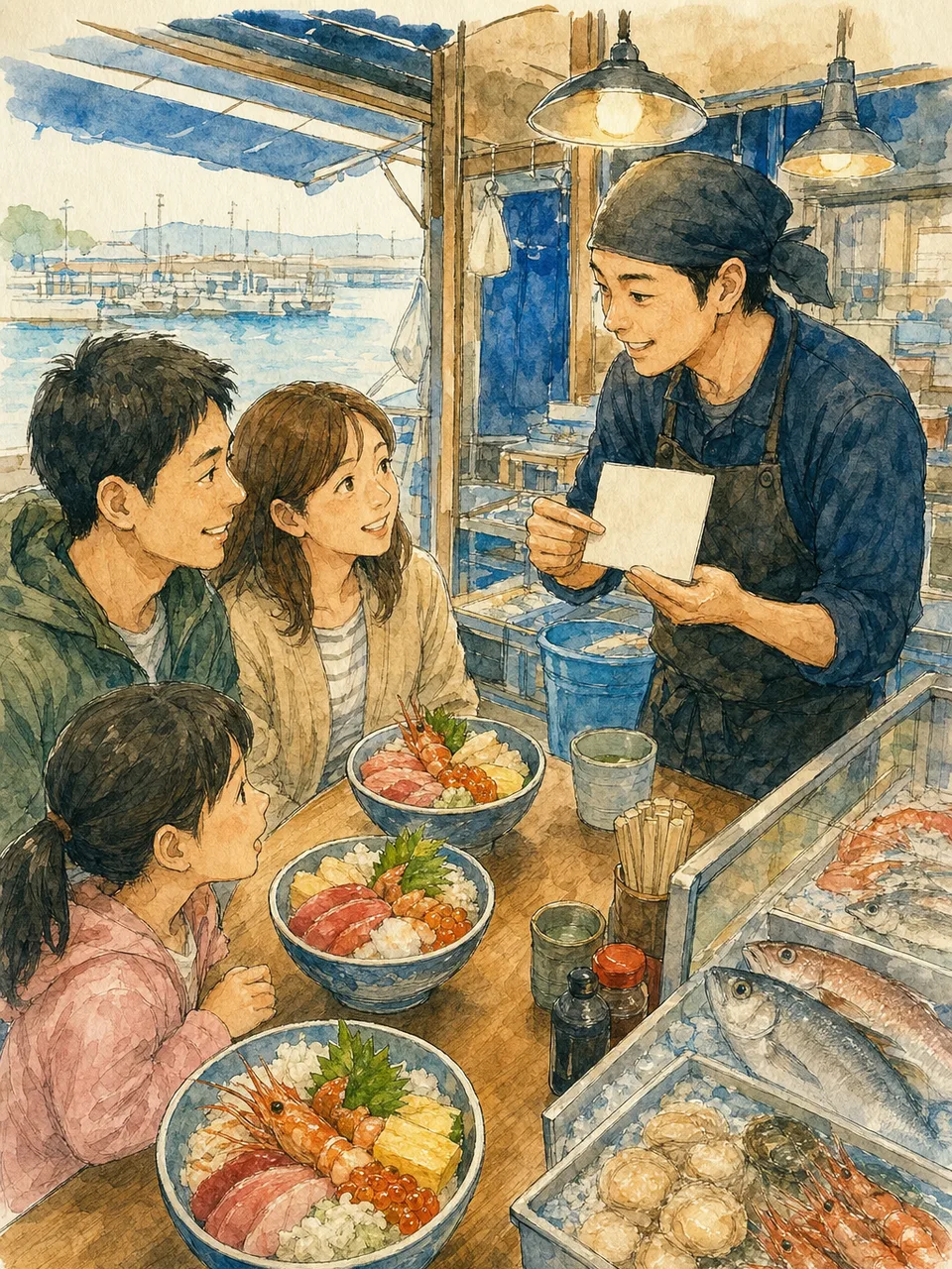 海鮮丼を味わう日本人旅行者（手描き水彩）。海鮮丼、魚介、地域の食、旅行の記事向け素材です。