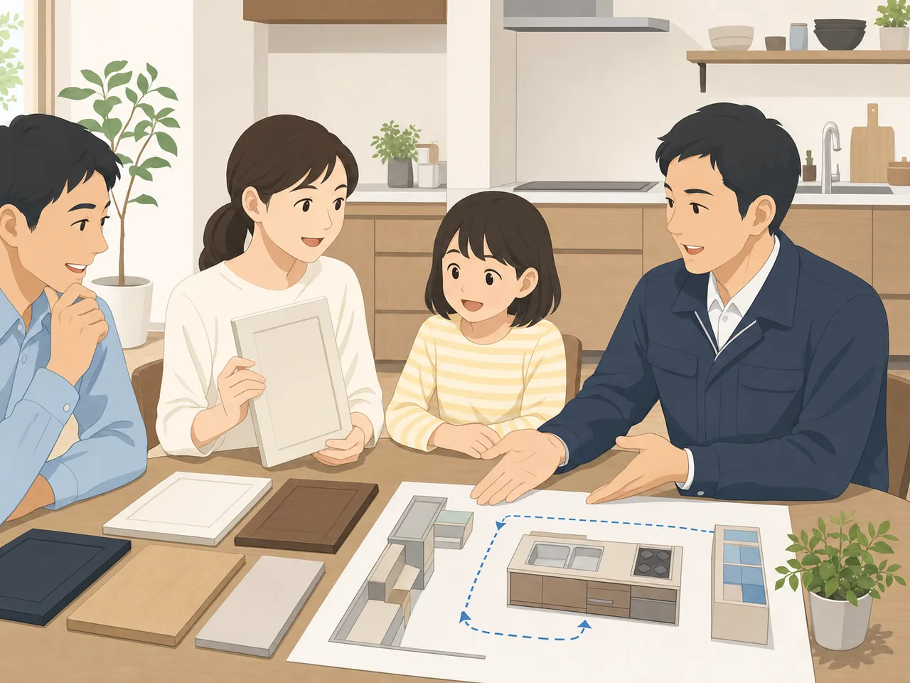 キッチンリフォームを相談する日本人（フラットイラスト）。キッチンリフォーム、住宅改修、家事動線、住まいの記事向け素材です。