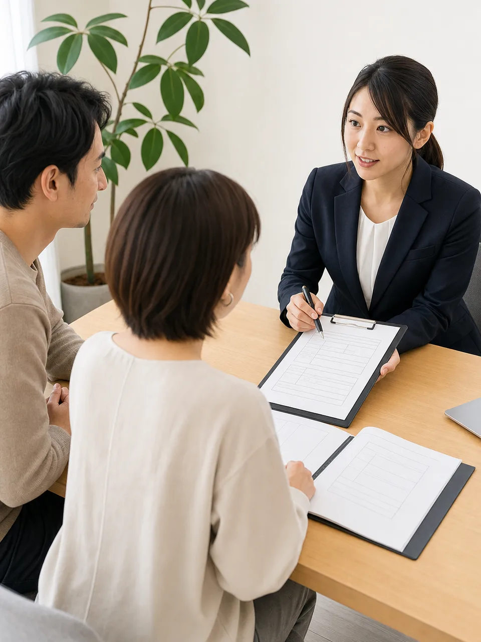 賃貸契約の説明を受ける日本人（自然な縦位置写真）。賃貸契約、不動産、部屋探し、重要事項説明の記事向け素材です。
