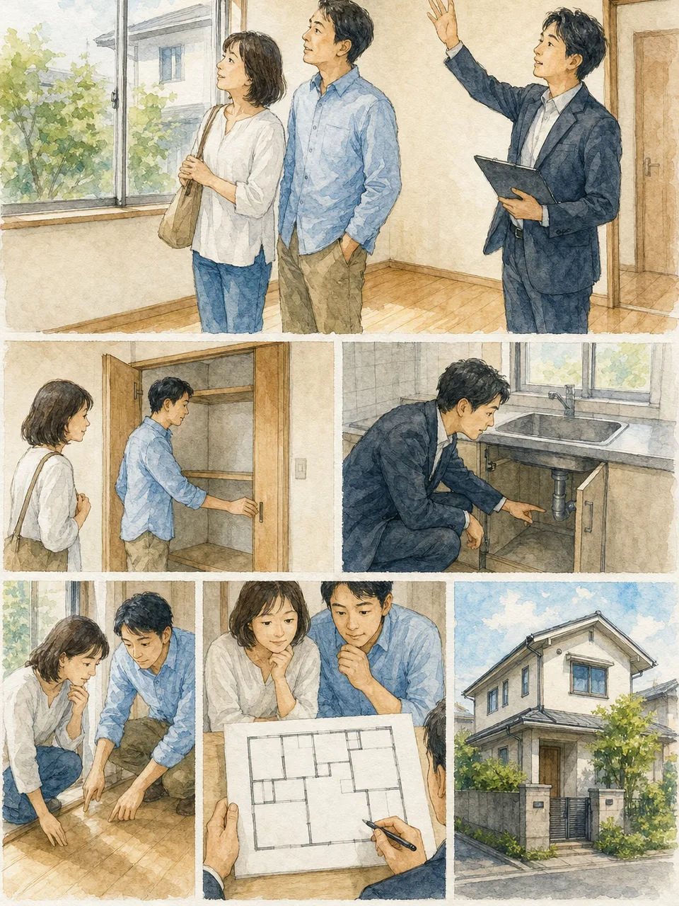 中古住宅の購入を検討する日本人（手描き水彩）。中古住宅購入、内見、住宅点検、不動産の記事向け素材です。