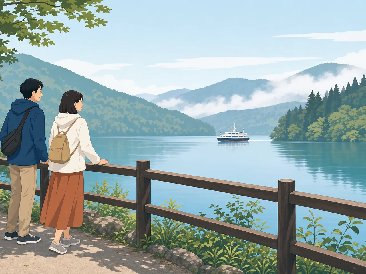 箱根の湖畔を歩く日本人旅行者（フラットイラスト）。箱根、温泉旅行、湖、国内旅行の記事に使える素材です。