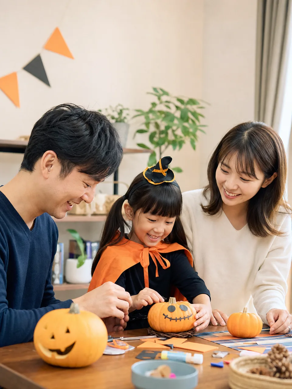 家族で楽しむハロウィン（自然な縦位置写真）。秋のイベント、子育て、地域行事の告知に使える、明るく安全なハロウィン素材です。