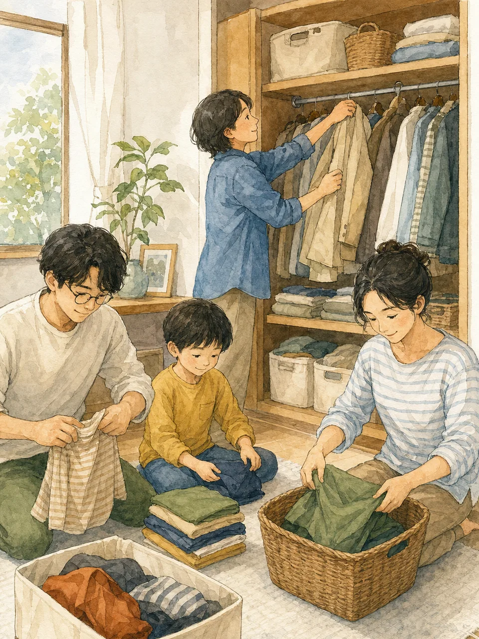 衣替えをする日本人（手描き水彩）。衣替え、季節の家事、収納、暮らしの記事向け素材です。