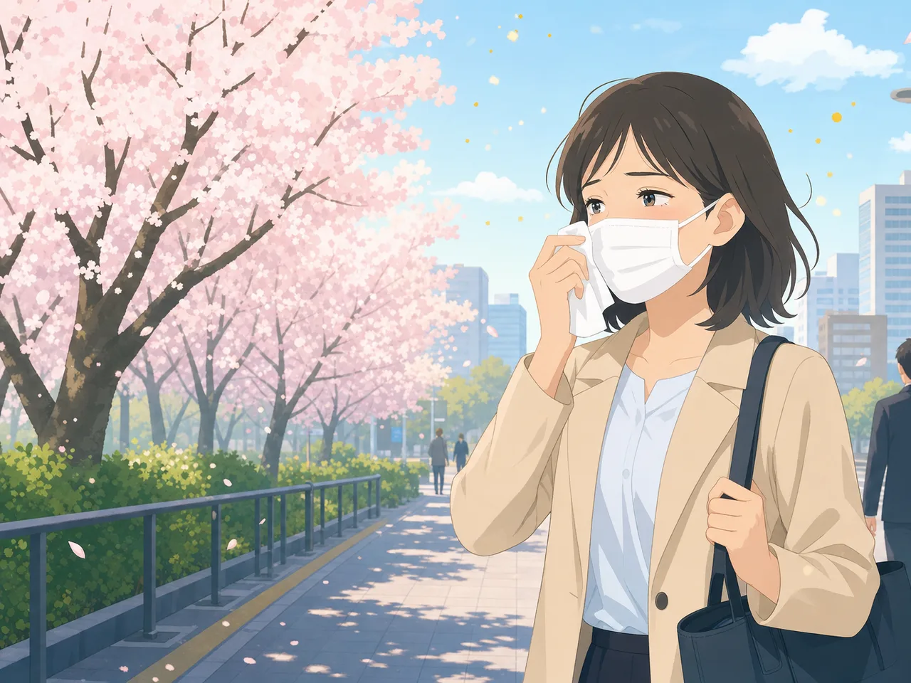 花粉症対策をする日本人通勤者（フラットイラスト）。春の健康情報、花粉対策、医療、日用品の記事に使える生活場面です。