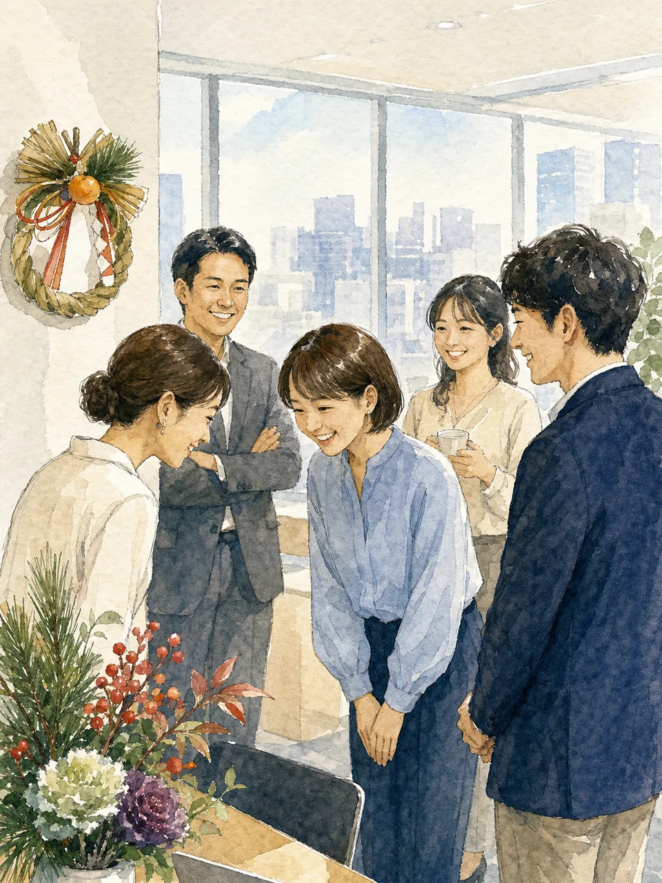 日本企業の新年の挨拶（手描き水彩）。企業の年始挨拶、仕事始め、広報に使いやすい、日本人ビジネスチームの新年素材です。