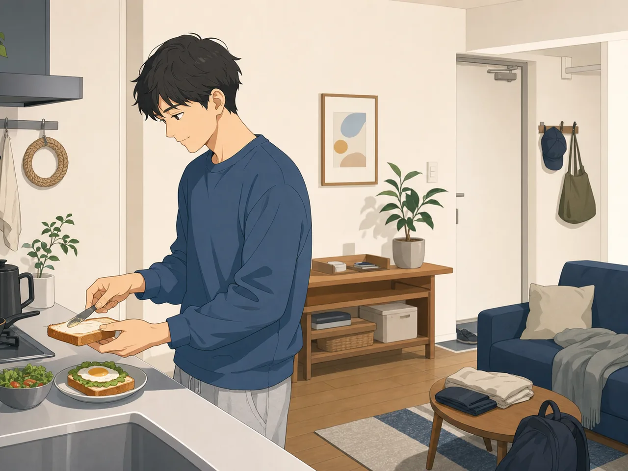 若い日本人男性の日常（フラットイラスト）。若い男性、一人時間、日常、ライフスタイルの記事向け素材です。