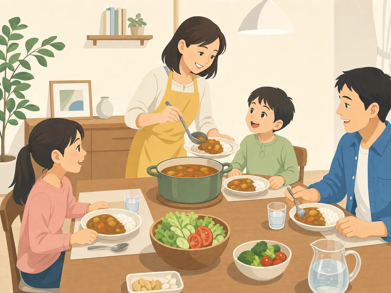カレーライスを囲む日本人家族（フラットイラスト）。カレーライス、家庭料理、家族、食卓の記事向け素材です。