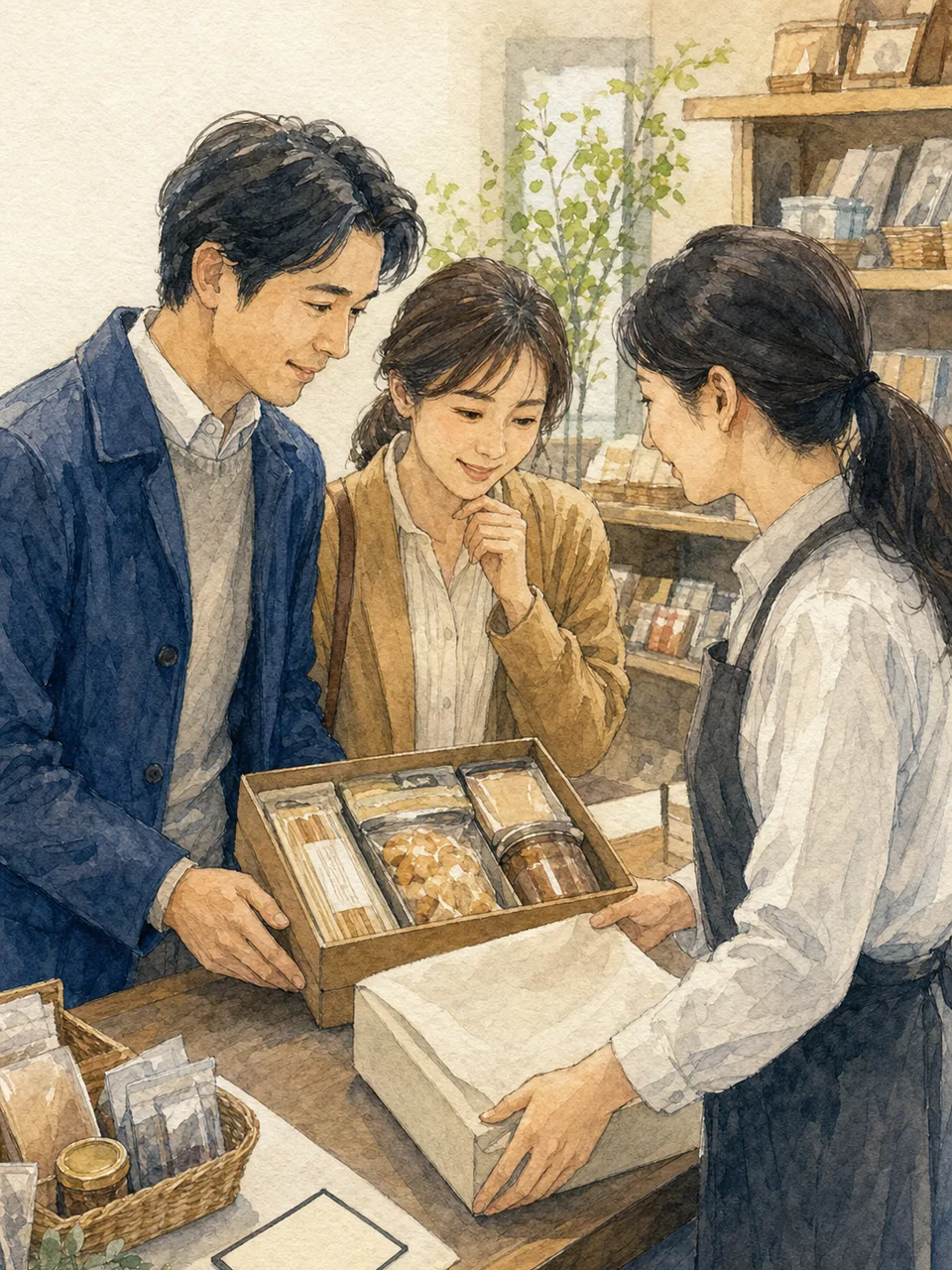 お歳暮を準備する日本人（手描き水彩）。お歳暮、冬の贈り物、年末、感謝の記事向け素材です。