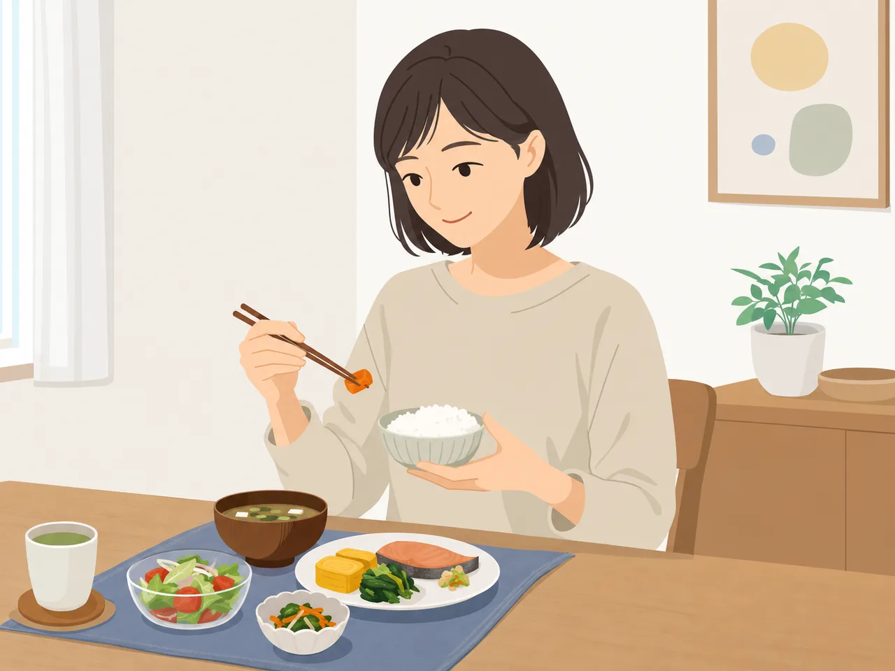 一人の食事を楽しむ日本人（フラットイラスト）。一人ごはん、一人暮らし、食事、ソロ活の記事や案内に使える商用素材です。