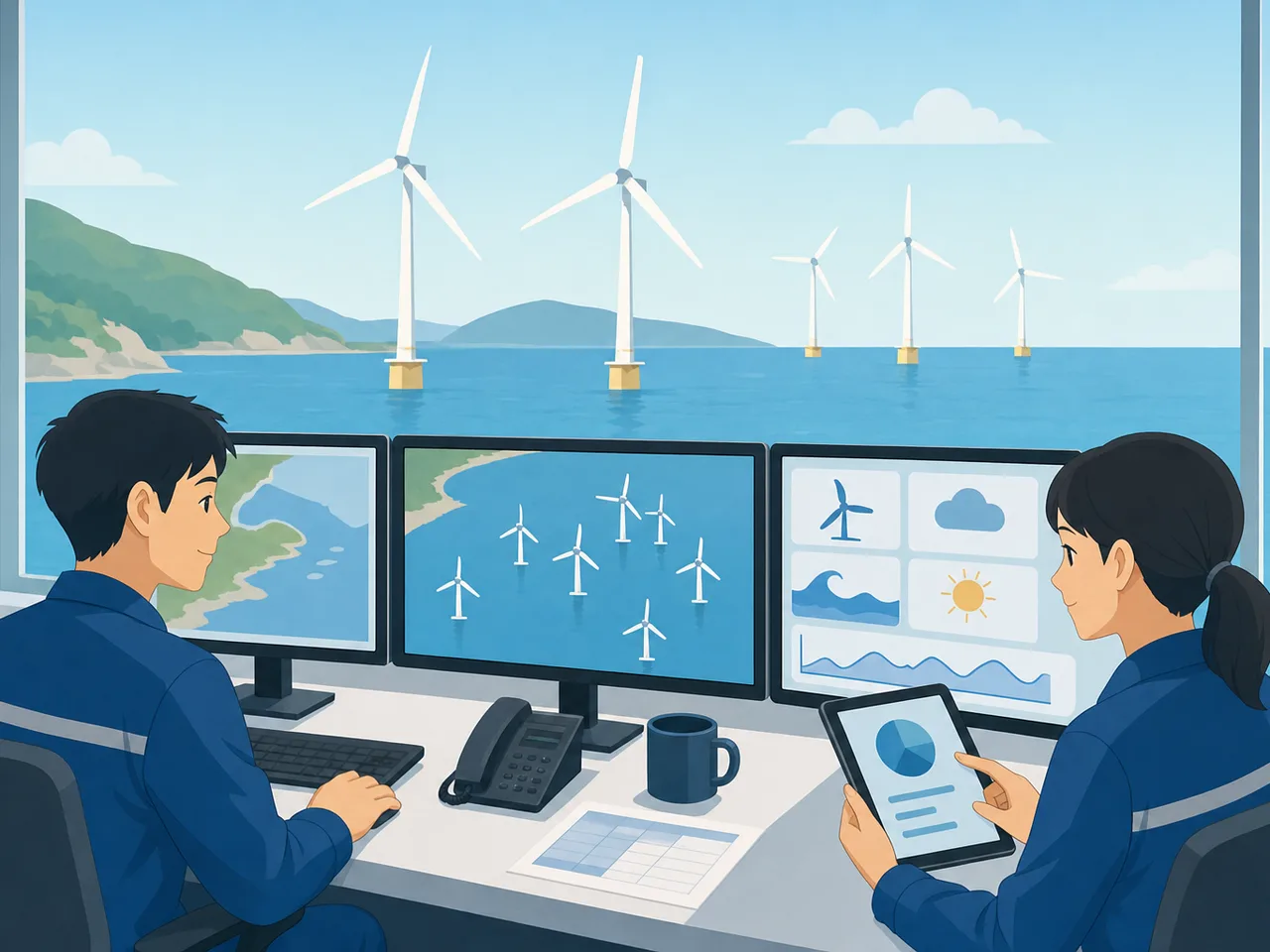 洋上風力発電を監視する日本人技術者（フラットイラスト）。洋上風力発電、再生可能エネルギー、風力発電、設備監視の記事や案内に使える商用素材です。