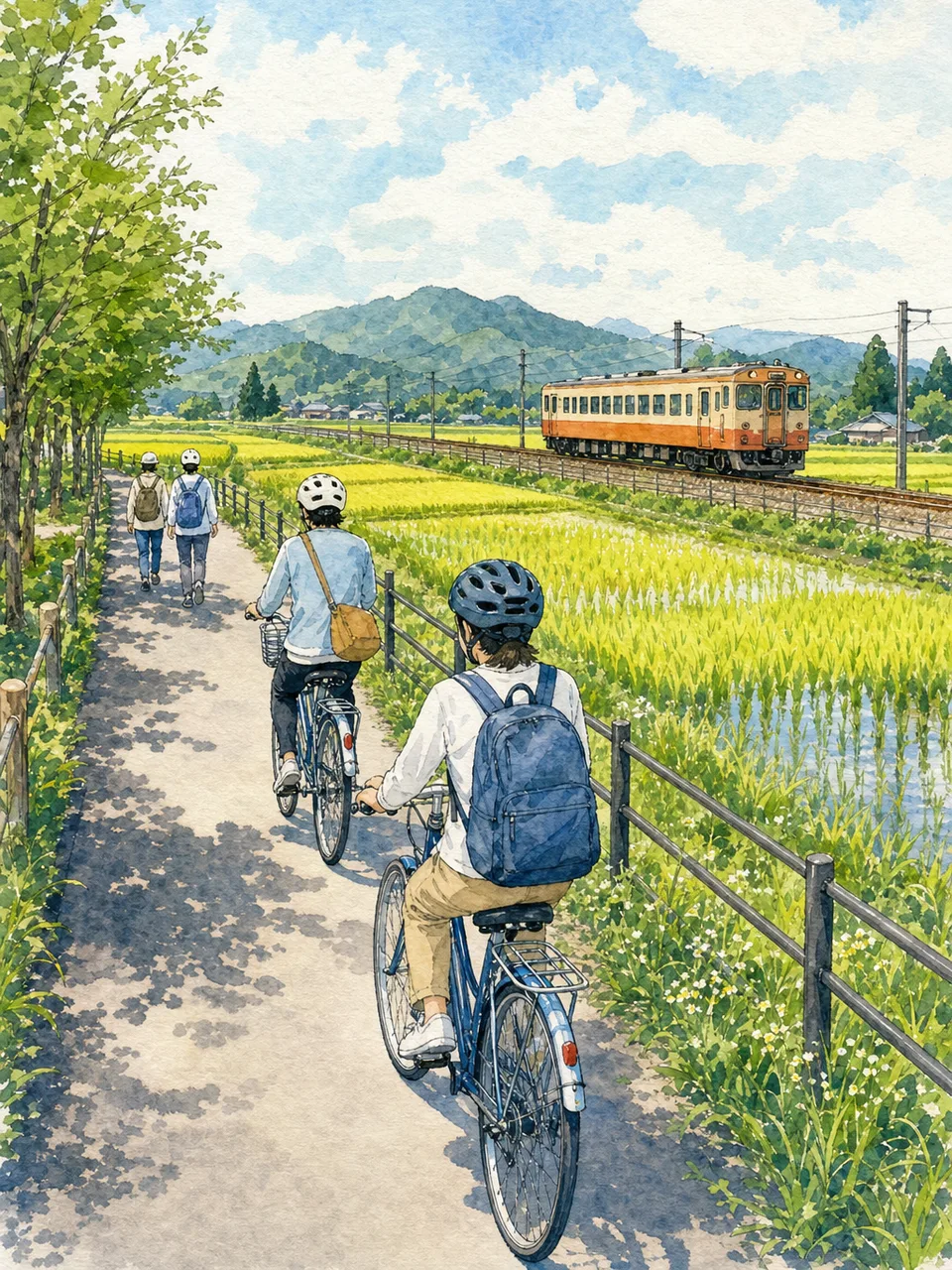 新潟の田園を旅する日本人（手描き水彩）。新潟、田園風景、地域旅行、稲作の記事向け素材です。