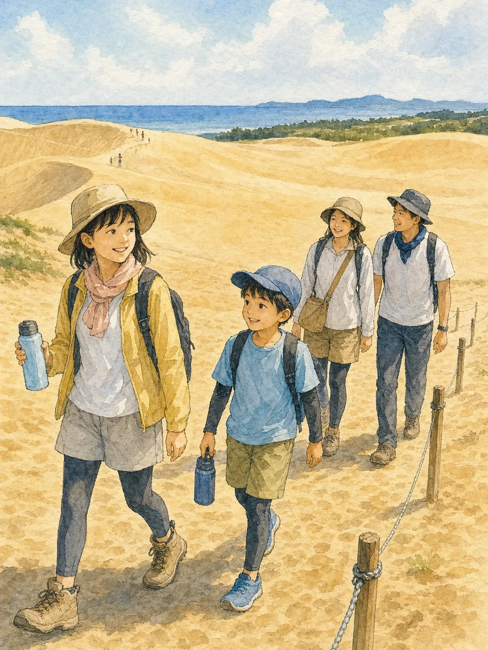 鳥取の砂丘を歩く旅行者（手描き水彩）。鳥取旅行、鳥取砂丘、山陰旅行、砂丘の記事や案内に使える商用素材です。