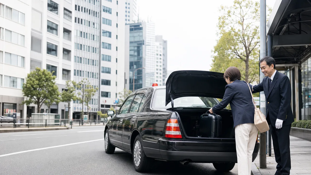乗客を案内する日本人タクシー運転手（横長・コピースペース）。タクシー運転手、地域交通、観光、移動支援の記事向け素材です。