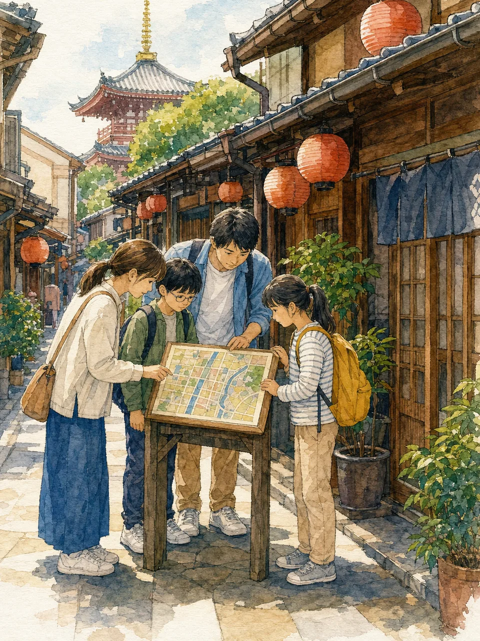 浅草の街歩きを楽しむ日本人旅行者（手描き水彩）。浅草、東京旅行、下町、街歩きの記事向け素材です。
