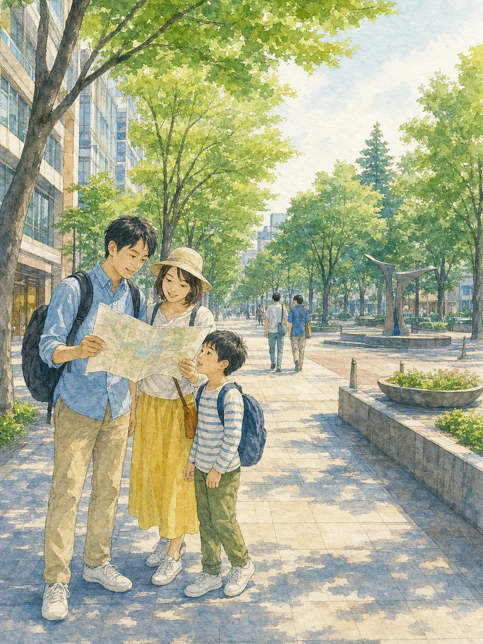 仙台の緑ある街を歩く日本人旅行者（手描き水彩）。仙台、東北旅行、街歩き、都市観光の記事向け素材です。