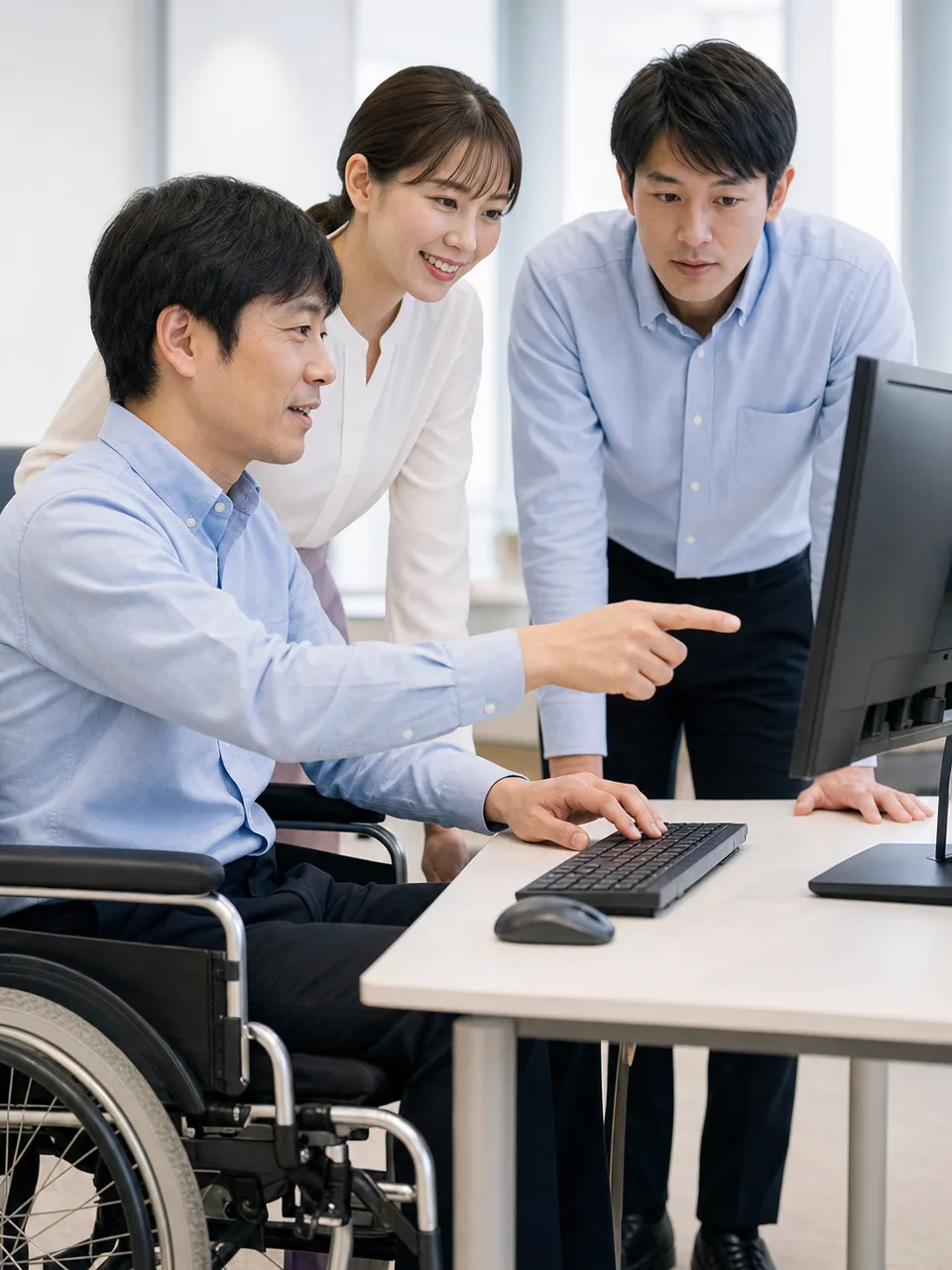 アクセシビリティを検証する日本人開発チーム（自然な縦位置写真）。アクセシビリティテスト、Webアクセシビリティ、ユーザーテスト、障害者の記事や案内に使える商用素材です。