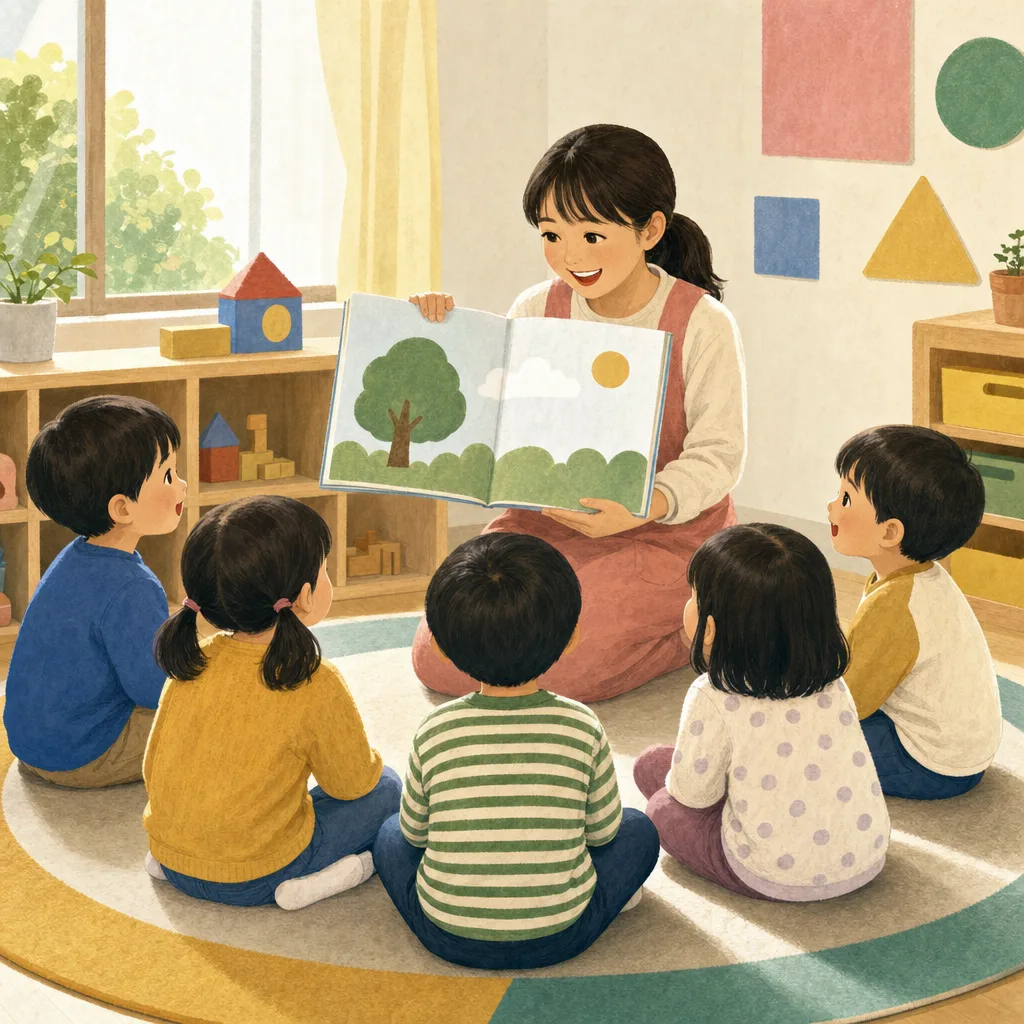 絵本を楽しむ日本人の幼児と保育者（編集記事向け）。読み聞かせ、幼児教育、保育園、絵本の記事や案内に使える商用素材です。
