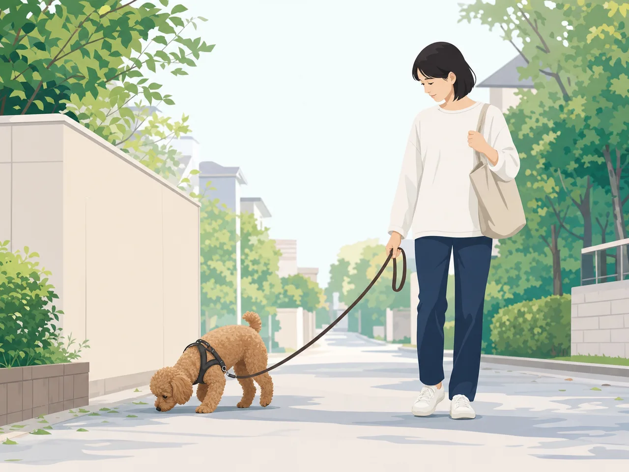 トイプードルと散歩する日本人（フラットイラスト）。トイプードル、犬の散歩、ペット、日常の記事向け素材です。