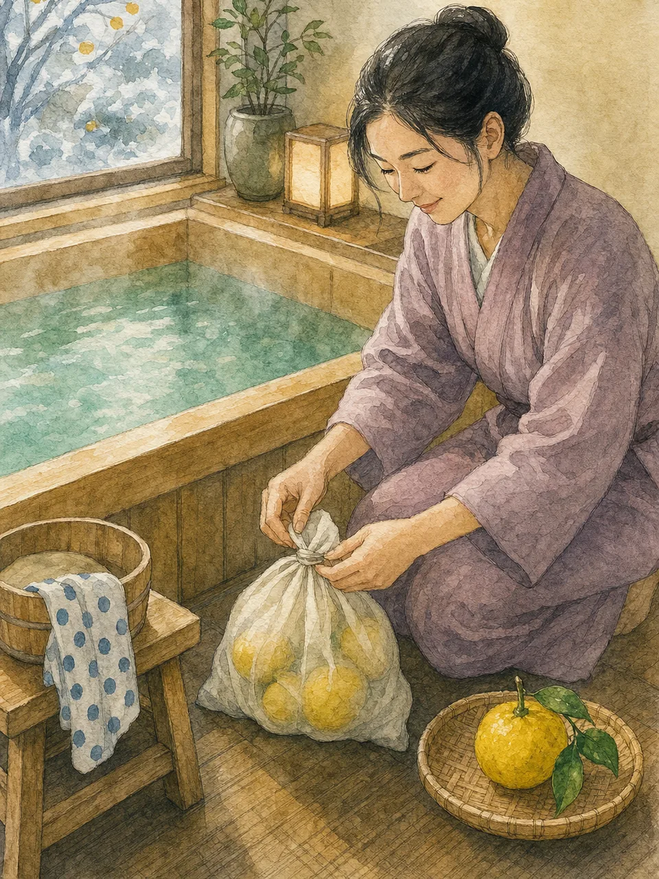 冬至のゆず湯を準備する日本人（手描き水彩）。冬至、ゆず湯、季節行事、冬の記事や案内に使える商用素材です。