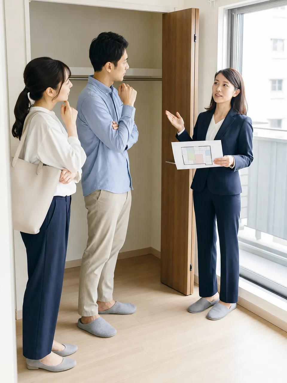 住まいを案内する日本人不動産営業（自然な縦位置写真）。不動産営業、住宅相談、物件案内、住まい探しの記事向け素材です。