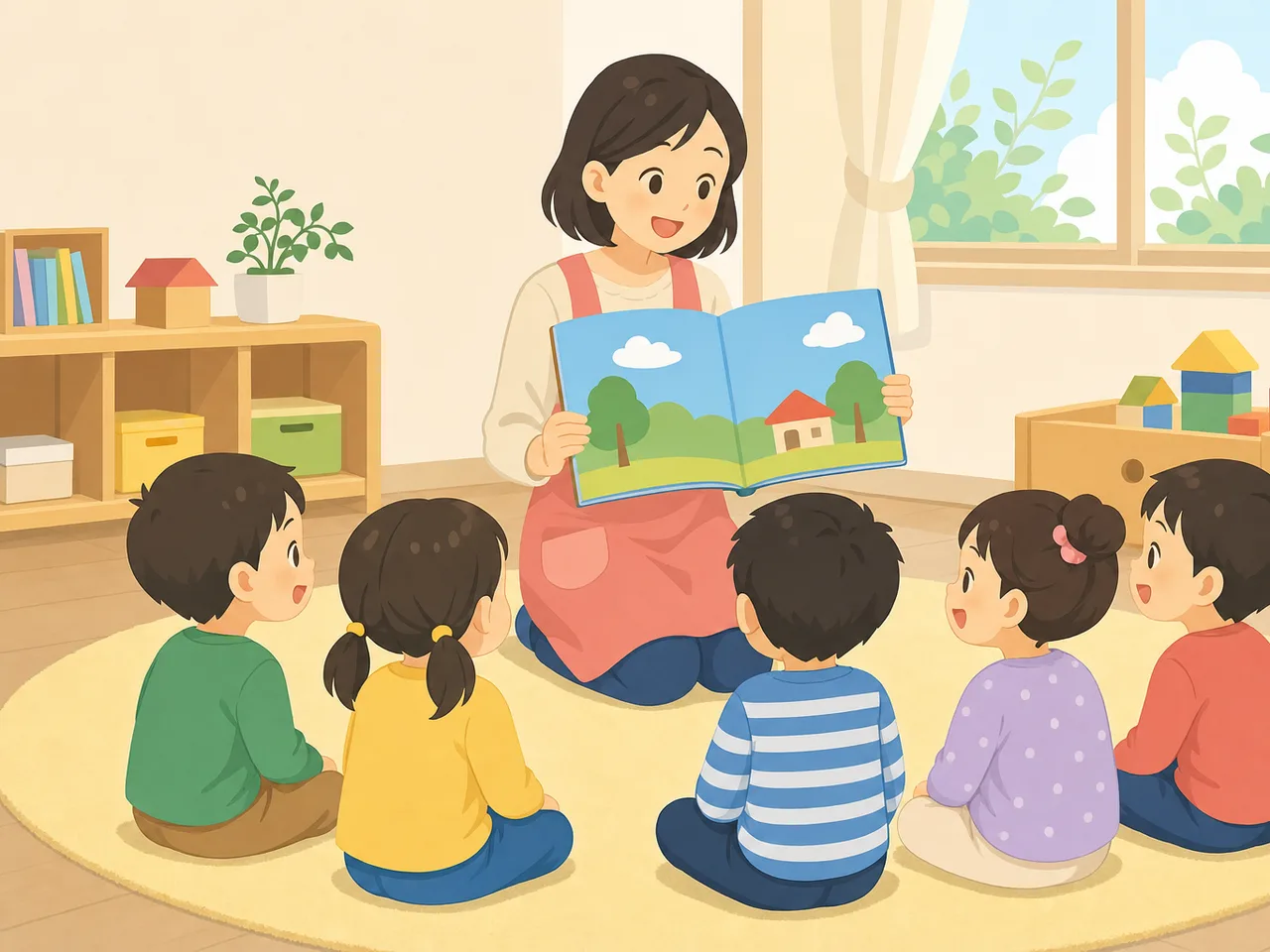 絵本を楽しむ日本人の幼児と保育者（フラットイラスト）。読み聞かせ、幼児教育、保育園、絵本の記事や案内に使える商用素材です。