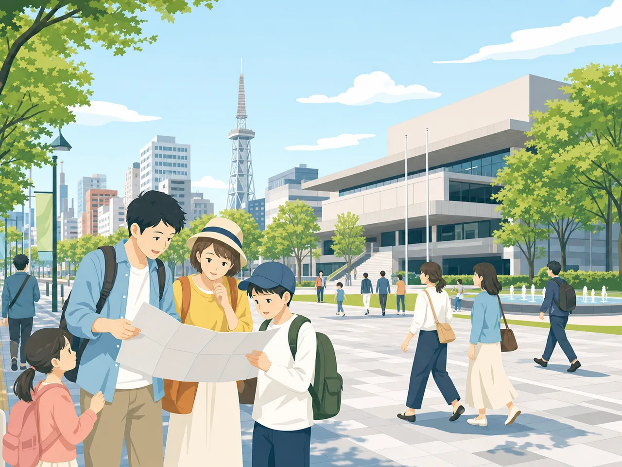 名古屋の街を巡る日本人旅行者（フラットイラスト）。名古屋、都市観光、街歩き、中部旅行の記事向け素材です。