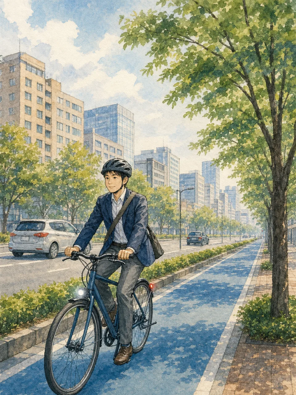 自転車で通勤する日本人会社員（手描き水彩）。自転車通勤、健康、環境、都市交通の記事向け移動素材です。