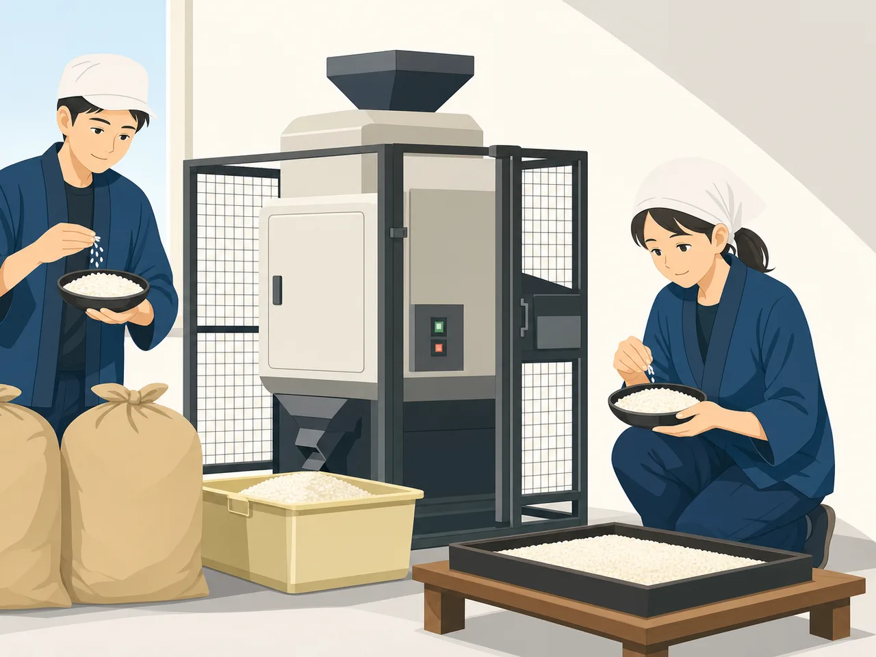 米を精米する日本人（フラットイラスト）。精米、米、食品加工、農業の記事や案内に使える商用素材です。