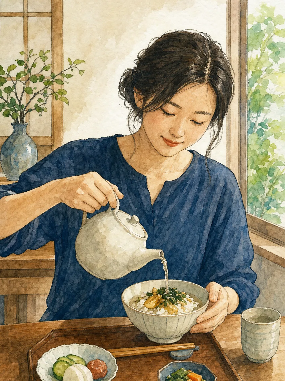 お茶漬けを味わう日本人（手描き水彩）。お茶漬け、和食、軽食、ご飯の記事や案内に使える商用素材です。