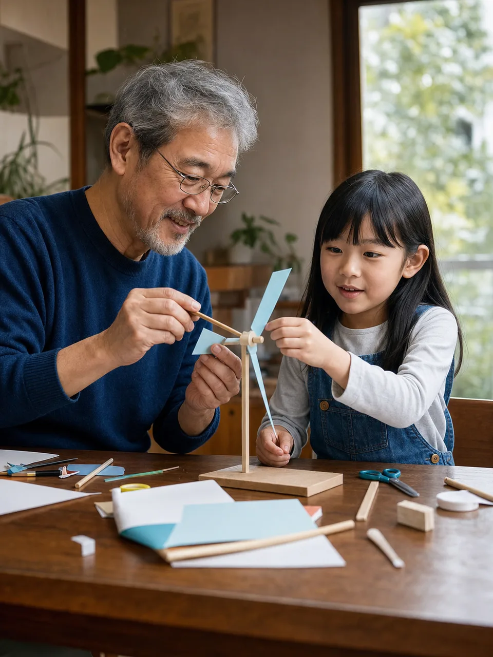 工作を楽しむ日本人の祖父と孫娘（自然な縦位置写真）。祖父と孫娘、世代間交流、工作、家族の記事向け素材です。