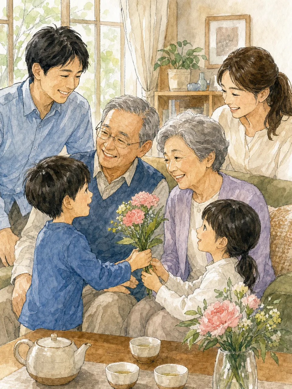敬老の日を祝う日本人家族（手描き水彩）。敬老の日、三世代交流、家族サービスの案内に使える素材です。