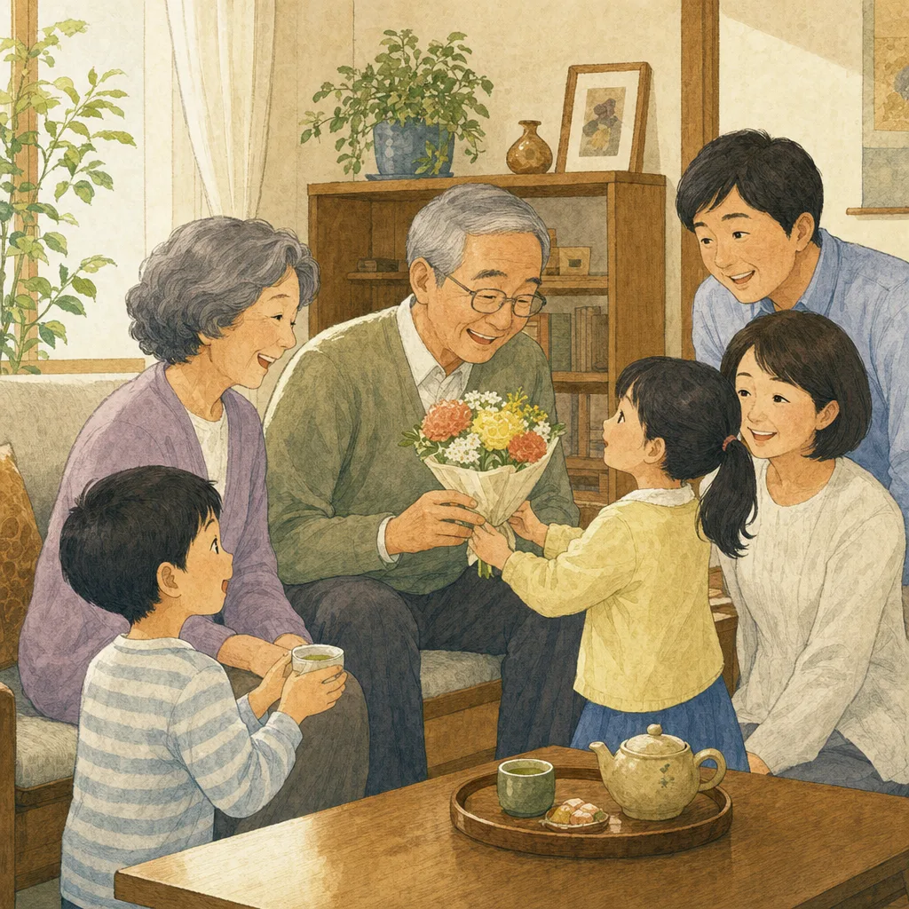 敬老の日を祝う日本人家族（編集記事向け）。敬老の日、三世代交流、家族サービスの案内に使える素材です。