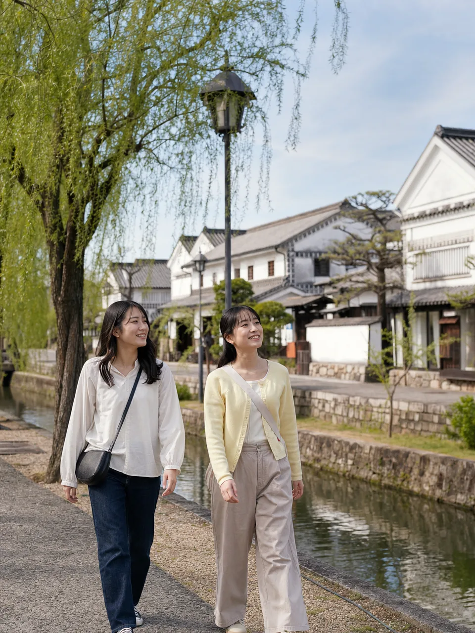 岡山の白壁の町を歩く旅行者（自然な縦位置写真）。岡山旅行、倉敷、白壁の町、中国地方旅行の記事や案内に使える商用素材です。