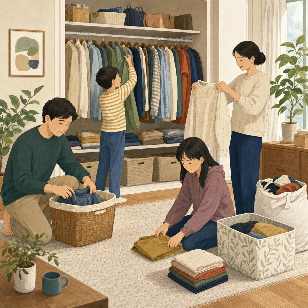 衣替えをする日本人（編集記事向け）。衣替え、季節の家事、収納、暮らしの記事向け素材です。