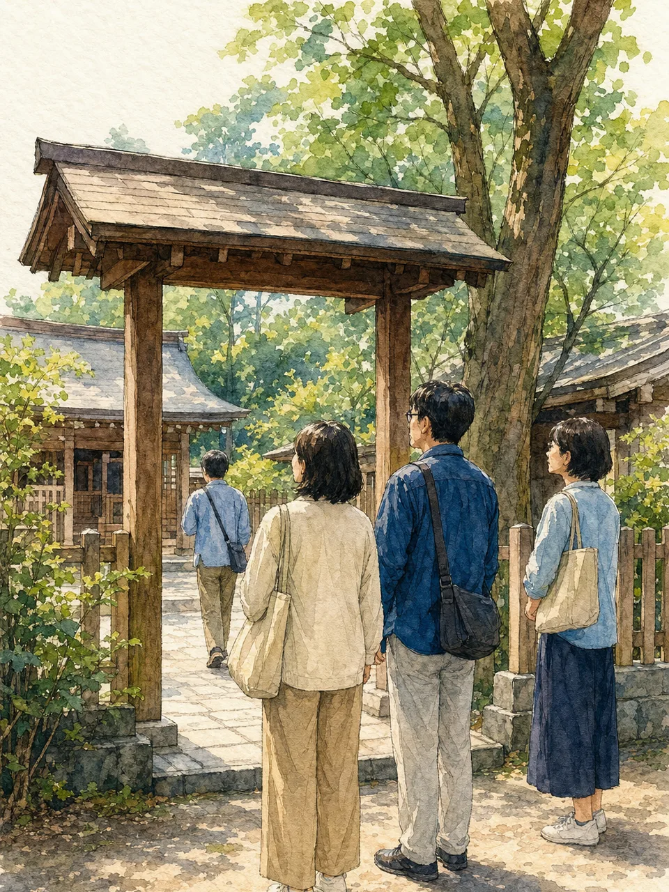 神社を訪れる日本人旅行者（手描き水彩）。神社、参拝、日本文化、国内旅行の記事に使える素材です。