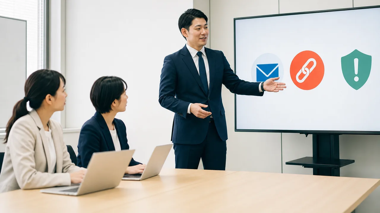 フィッシング訓練を振り返る日本人チーム（横長・コピースペース）。フィッシング訓練、標的型メール、セキュリティ教育、不審メールの記事や案内に使える商用素材です。