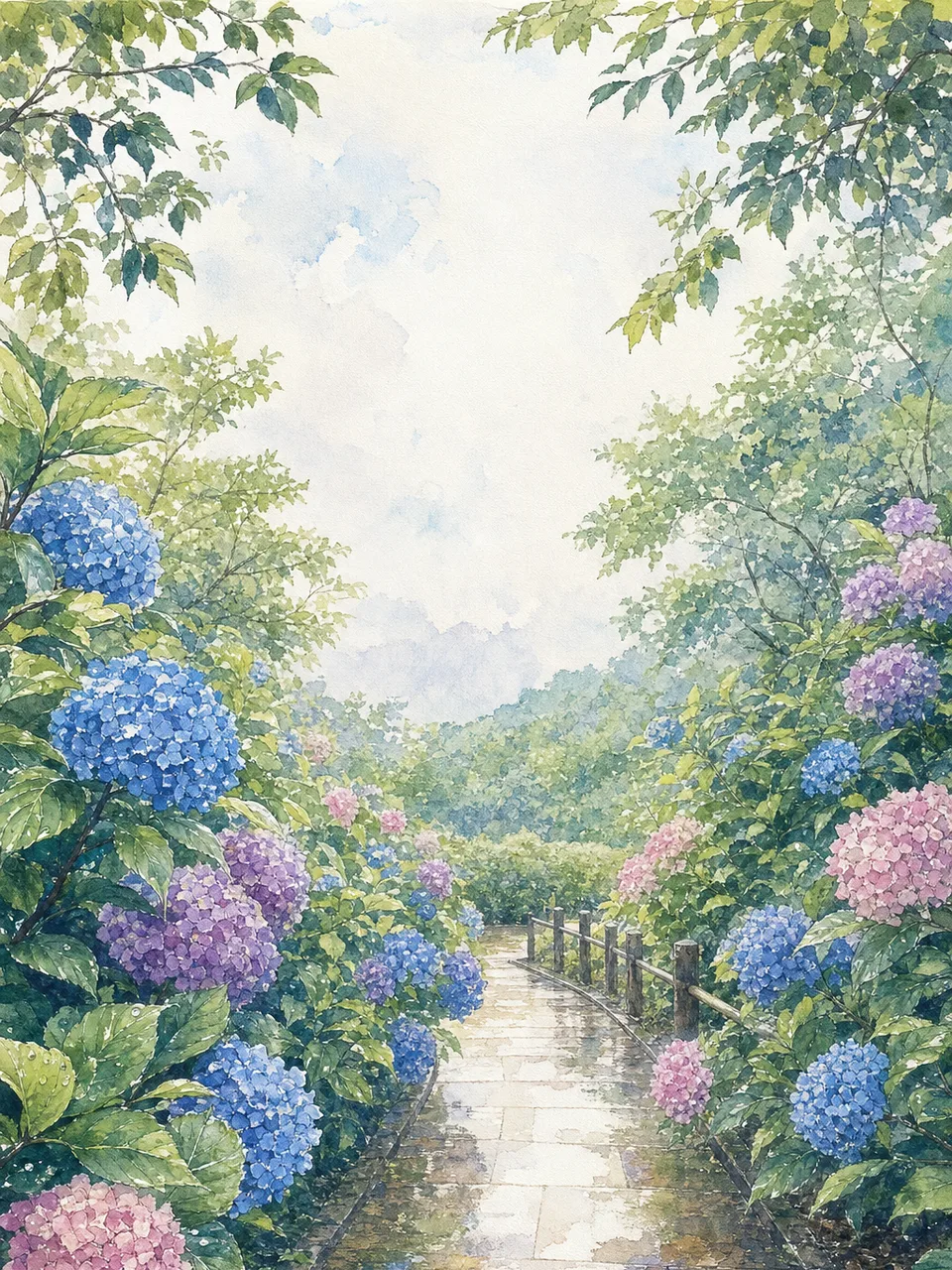 梅雨に咲く日本のあじさい園（水彩フレーム）。あじさい園、紫陽花、梅雨、花の風景向け素材です。