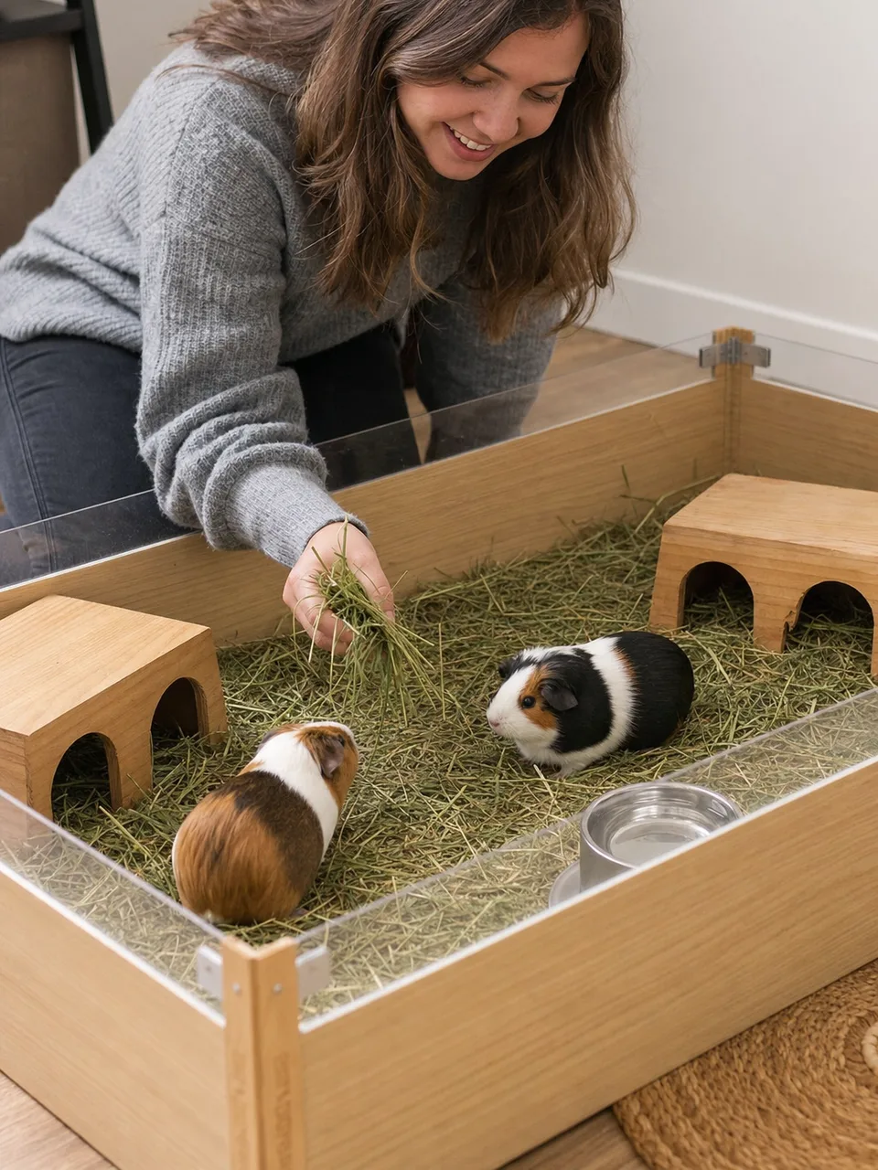 適切な環境で暮らすモルモット（自然な縦位置写真）。モルモット、小動物、ペット、飼育環境の記事向け素材です。