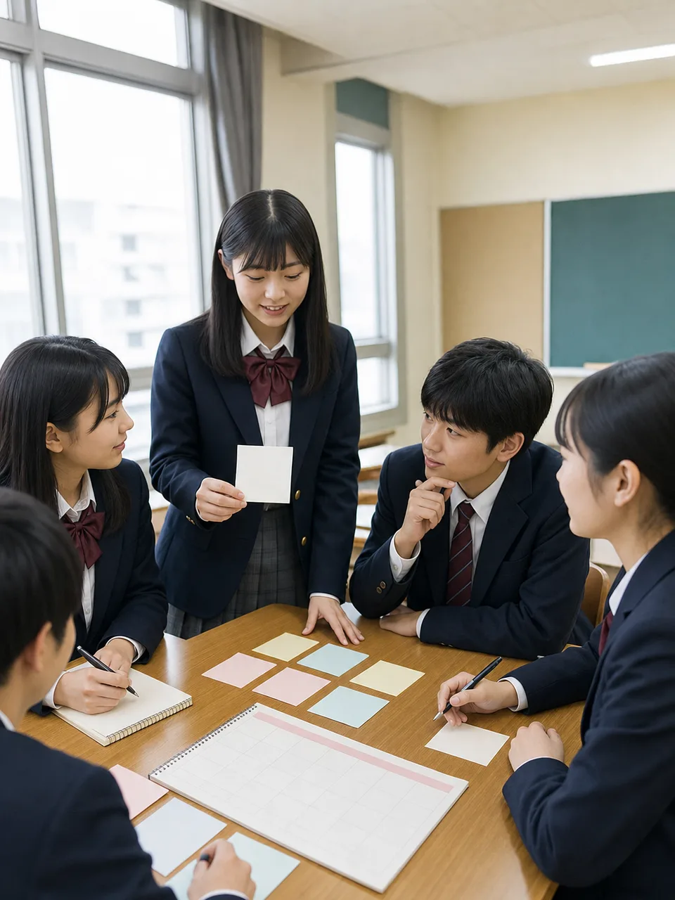 学校行事を計画する日本人生徒会（自然な縦位置写真）。生徒会、学校行事、企画会議、中学生の記事や案内に使える商用素材です。