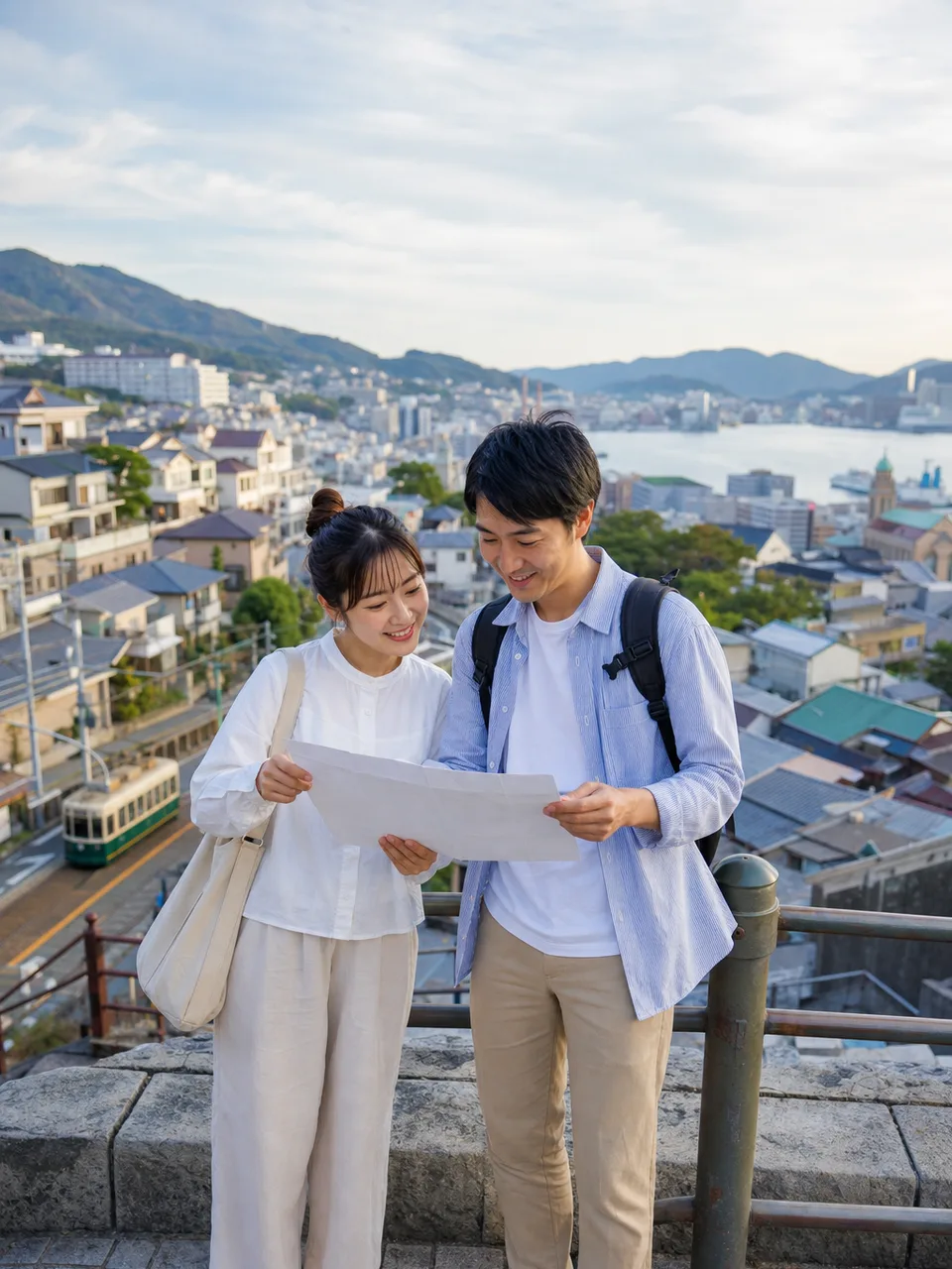 長崎の港町を楽しむ日本人旅行者（自然な縦位置写真）。長崎、九州旅行、港町、坂の街の記事向け素材です。