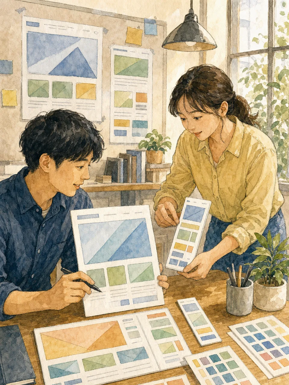 ウェブサイトを設計する日本人デザイナー（手描き水彩）。ウェブデザイナー、サイト制作、UIデザイン、クリエイティブの記事向け素材です。