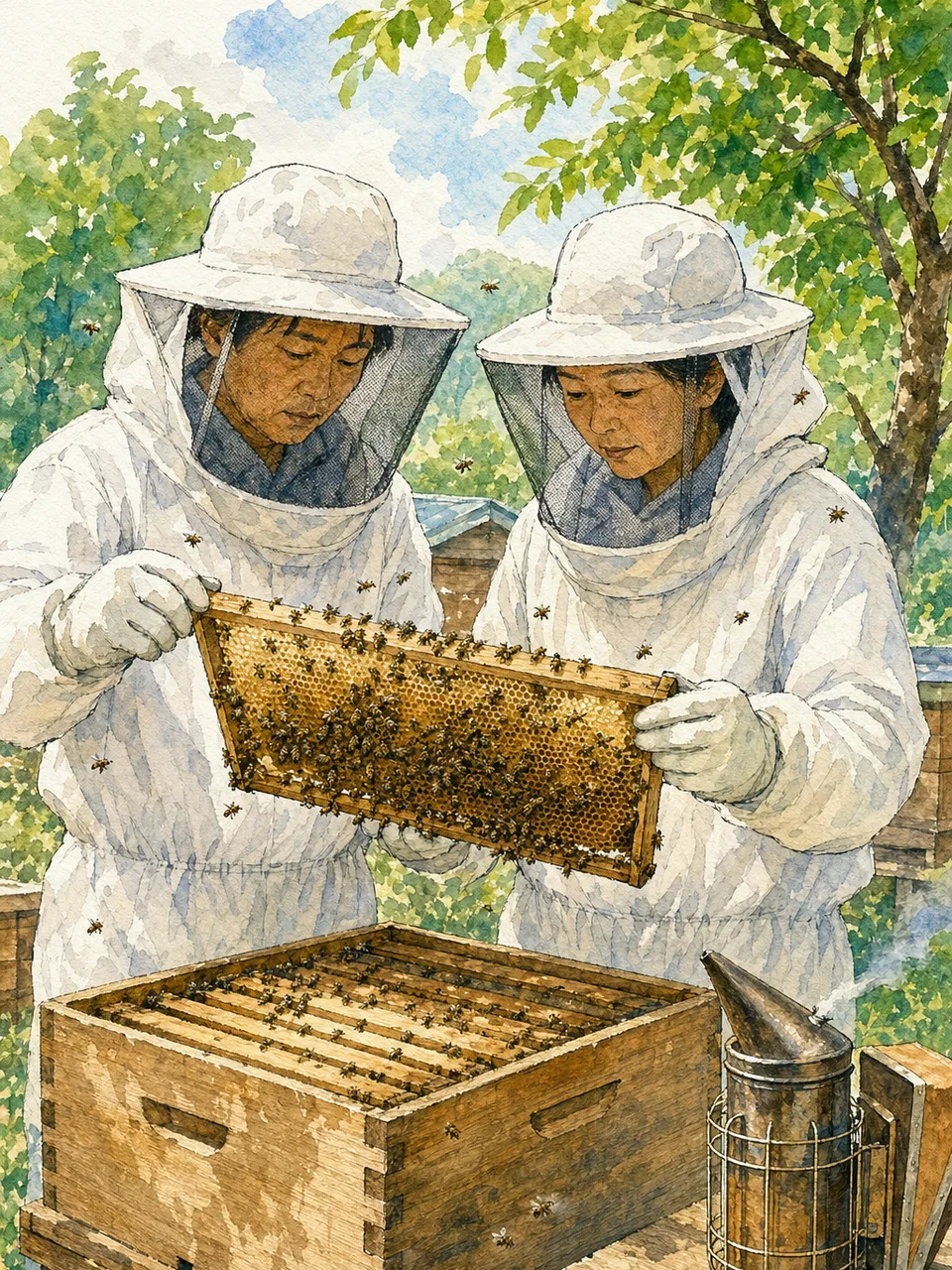 ミツバチを世話する日本人養蜂家（手描き水彩）。養蜂、ミツバチ、蜂蜜、受粉の記事や案内に使える商用素材です。