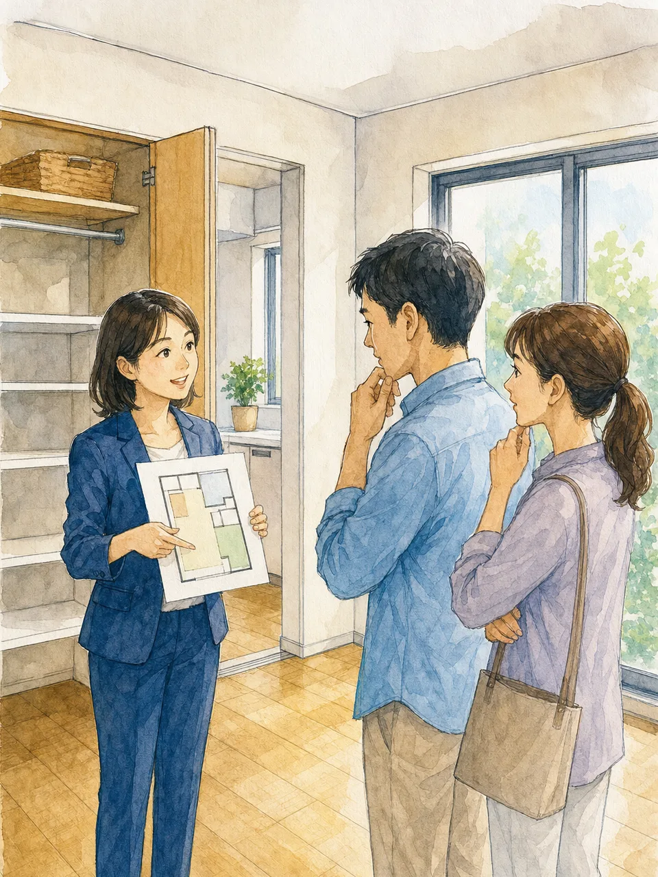 住まいを案内する日本人不動産営業（手描き水彩）。不動産営業、住宅相談、物件案内、住まい探しの記事向け素材です。