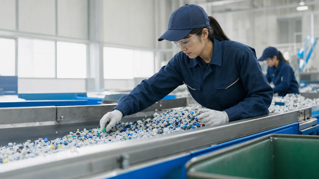再生プラスチックを選別する日本人（横長・コピースペース）。プラスチックリサイクル、資源循環、選別、再生材の記事や案内に使える商用素材です。