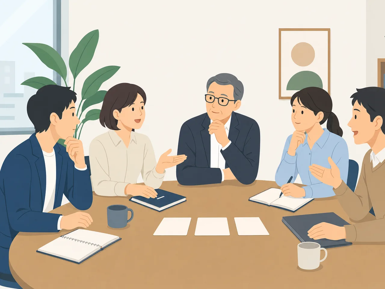 企業統治を議論する日本人取締役会（フラットイラスト）。取締役会、企業統治、コーポレートガバナンス、経営会議の記事や案内に使える商用素材です。