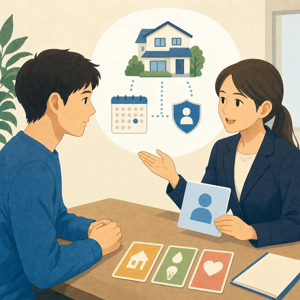 家賃保証を説明する日本人担当者（編集記事向け）。家賃保証、賃貸契約、保証会社、入居審査の記事や案内に使える商用素材です。