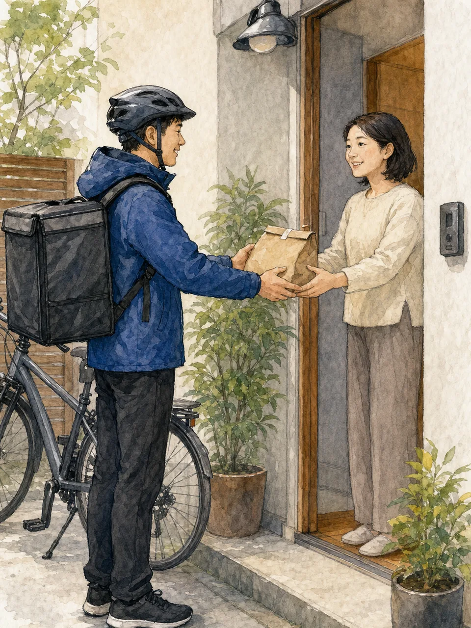 料理を届ける日本人配達員（手描き水彩）。フードデリバリー、配達、宅配、地域サービスの記事向け素材です。
