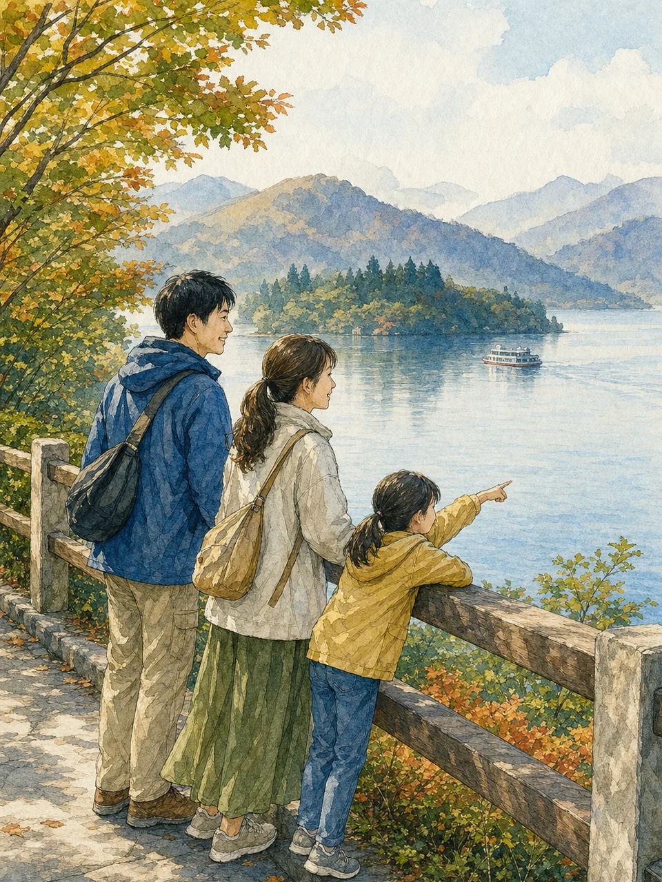 箱根の湖畔を歩く日本人旅行者（手描き水彩）。箱根、温泉旅行、湖、国内旅行の記事に使える素材です。