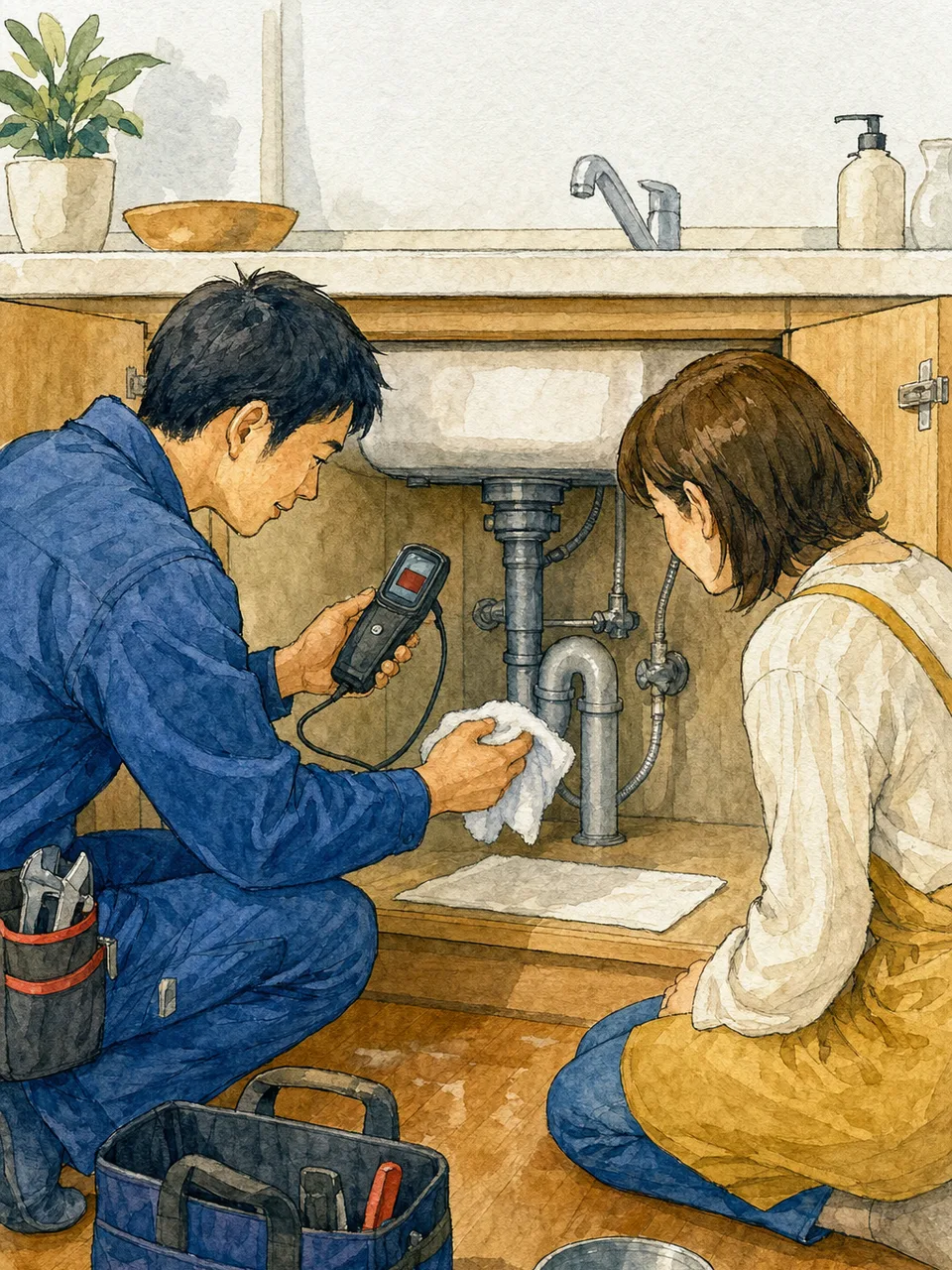 住宅の水漏れを確認する日本人配管技術者（手描き水彩）。水漏れ点検、配管、住宅修理、漏水の記事や案内に使える商用素材です。