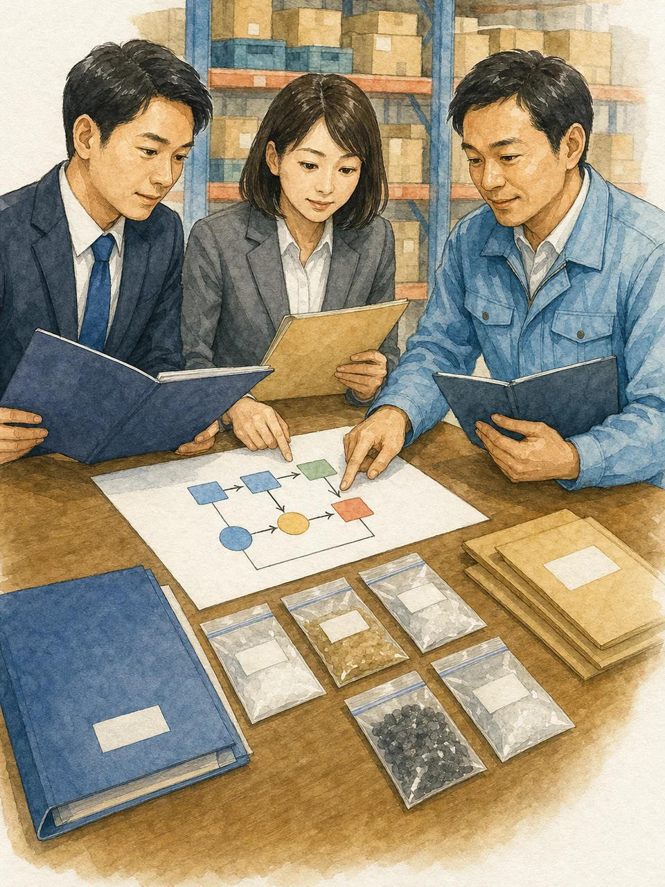 内部監査の確認を行う日本人チーム（手描き水彩）。内部監査、監査、業務確認、証跡の記事や案内に使える商用素材です。